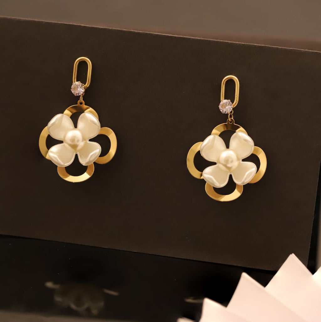 22K Gold Plated Floral Pearl Drop Earrings for Women