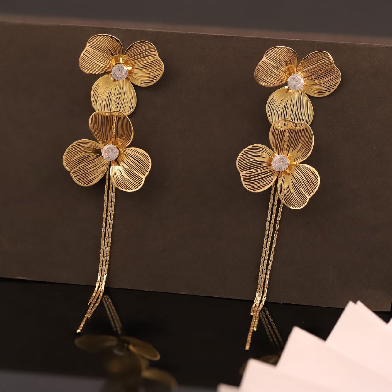 22K Gold Plated Floral Long Drop Earrings for Women