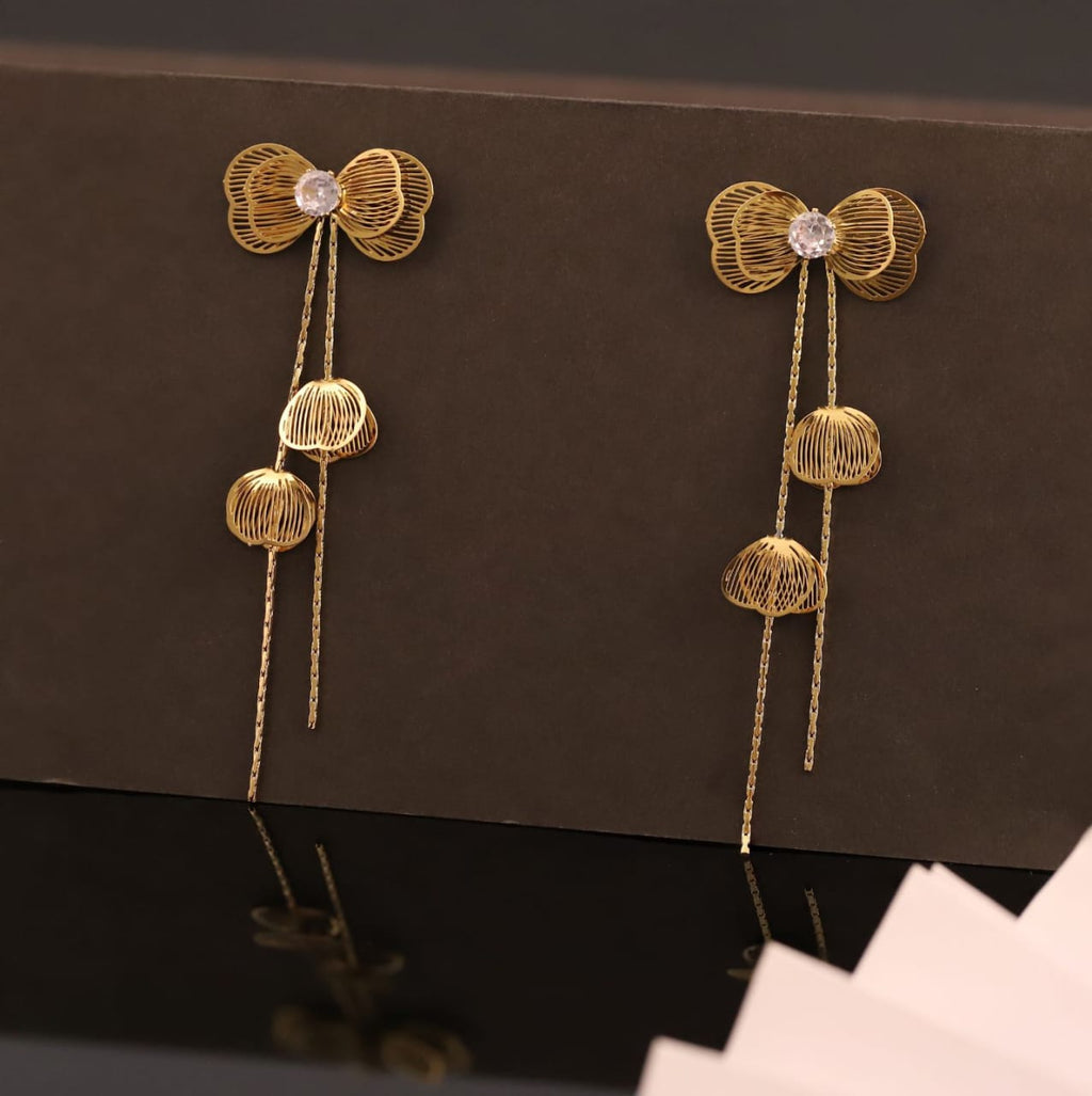 22K Gold Plated Bow Design Long Drop Earrings for Women
