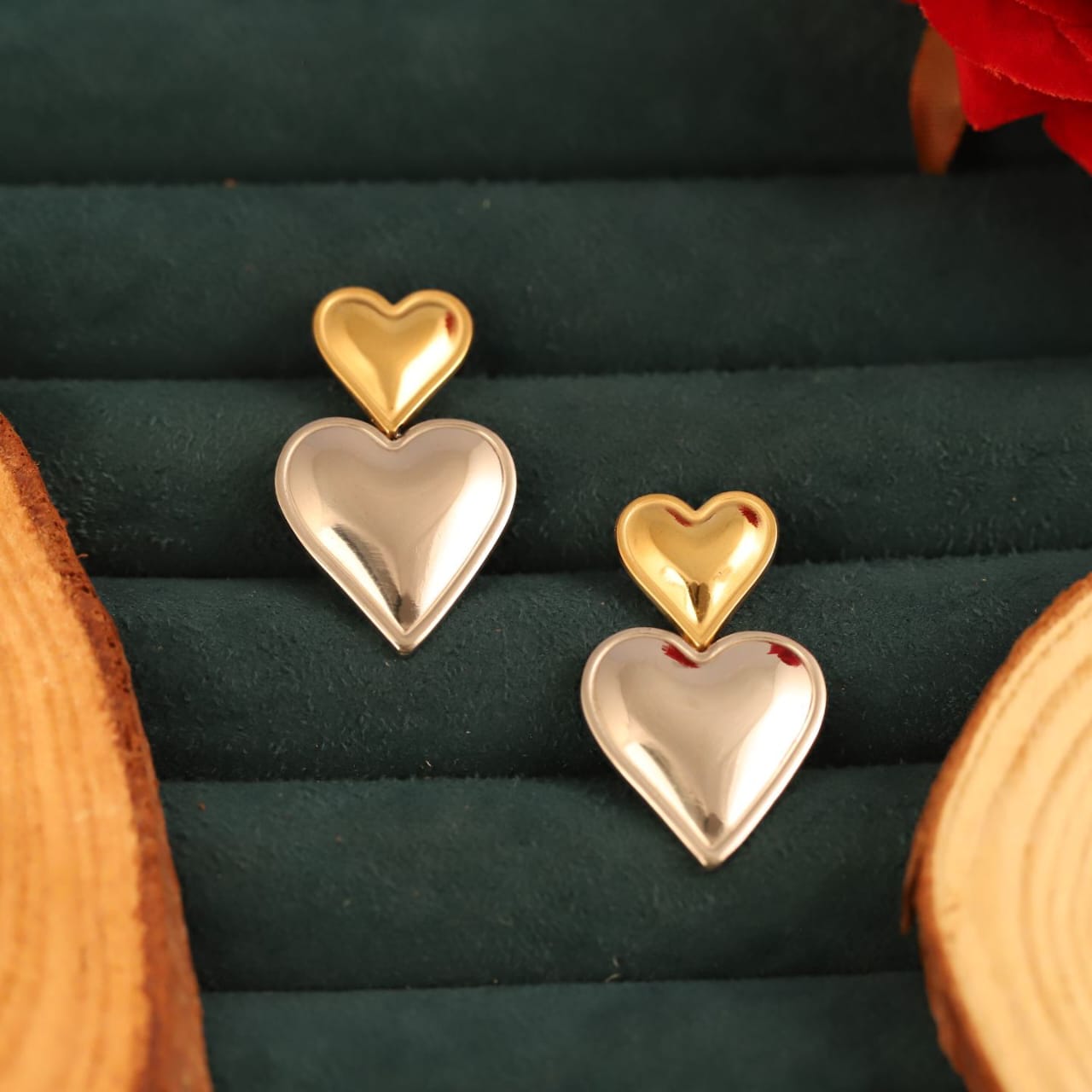 22K Gold Plated Dual Heart Drop Earrings for Women