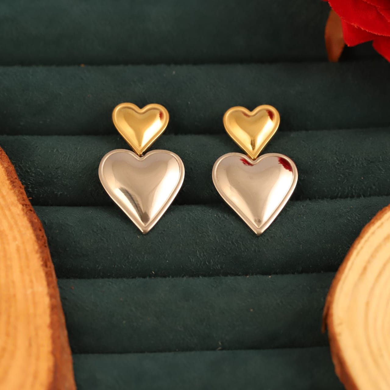 22K Gold Plated Dual Heart Drop Earrings for Women