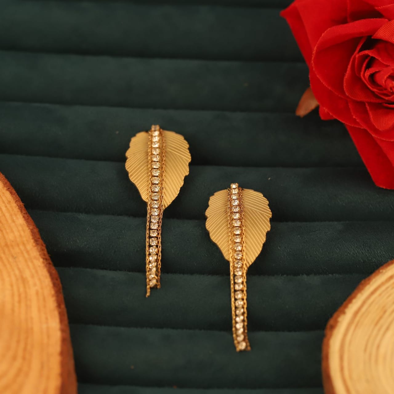 22K Gold Plated Leaf Design Long Drop Earrings for Women