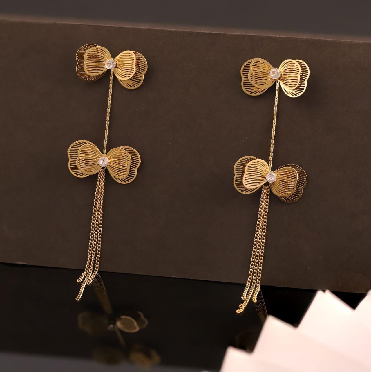 22K Gold Plated Bow Chain Drop Earrings for Women