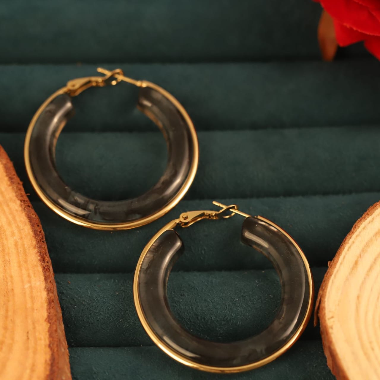 22K Gold Plated Black Resin Hoop Earrings