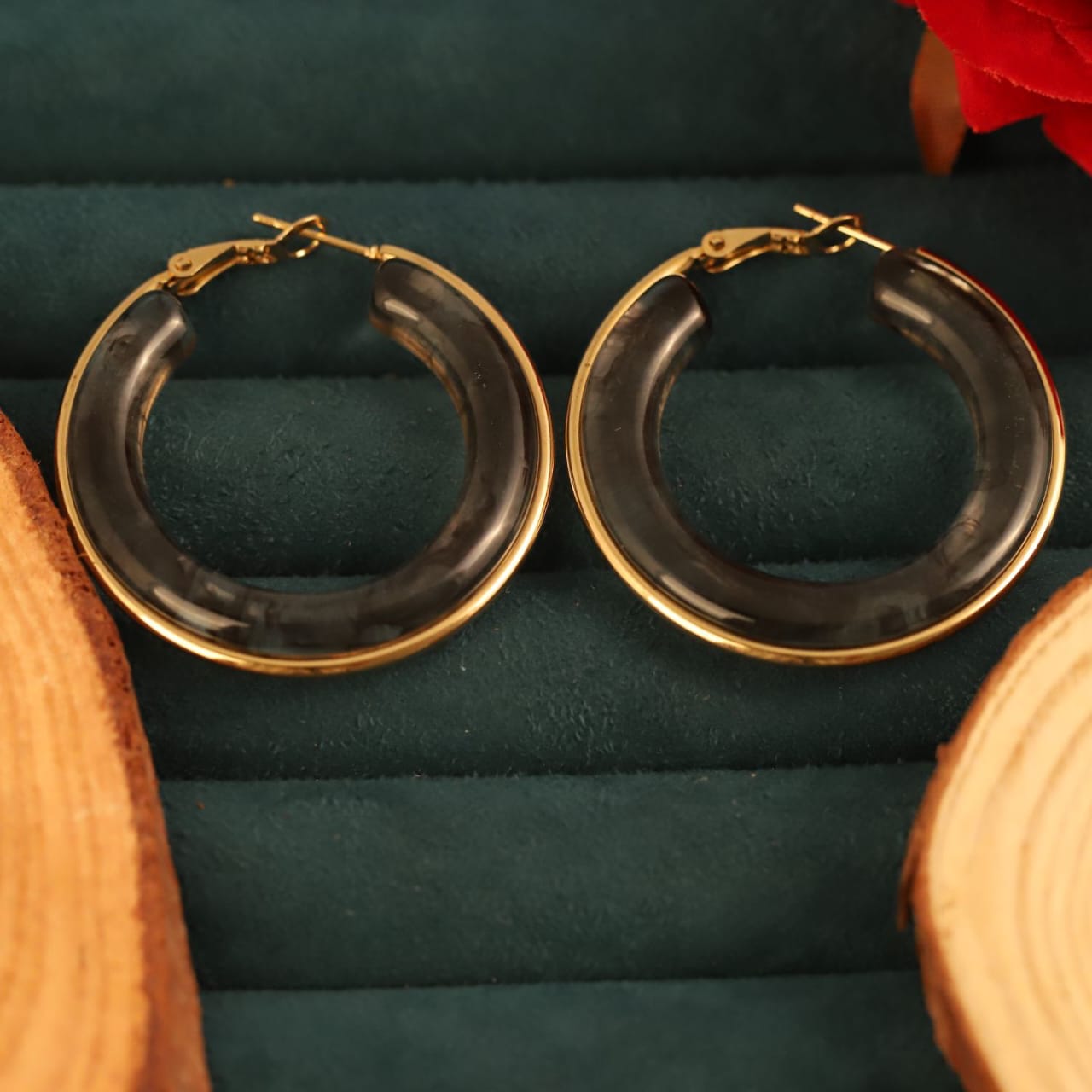 22K Gold Plated Black Resin Hoop Earrings