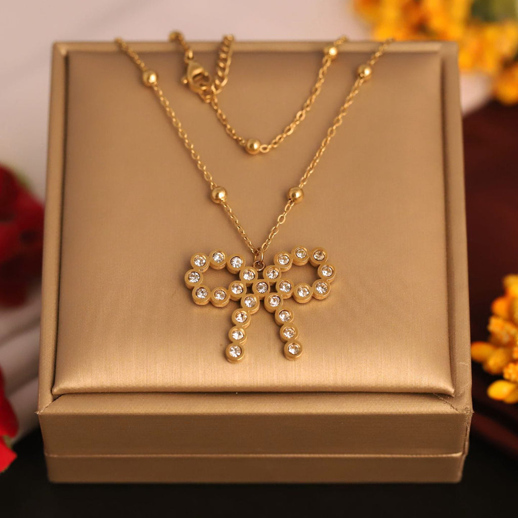 22K Gold Plated Bow Pendant Necklace for Women