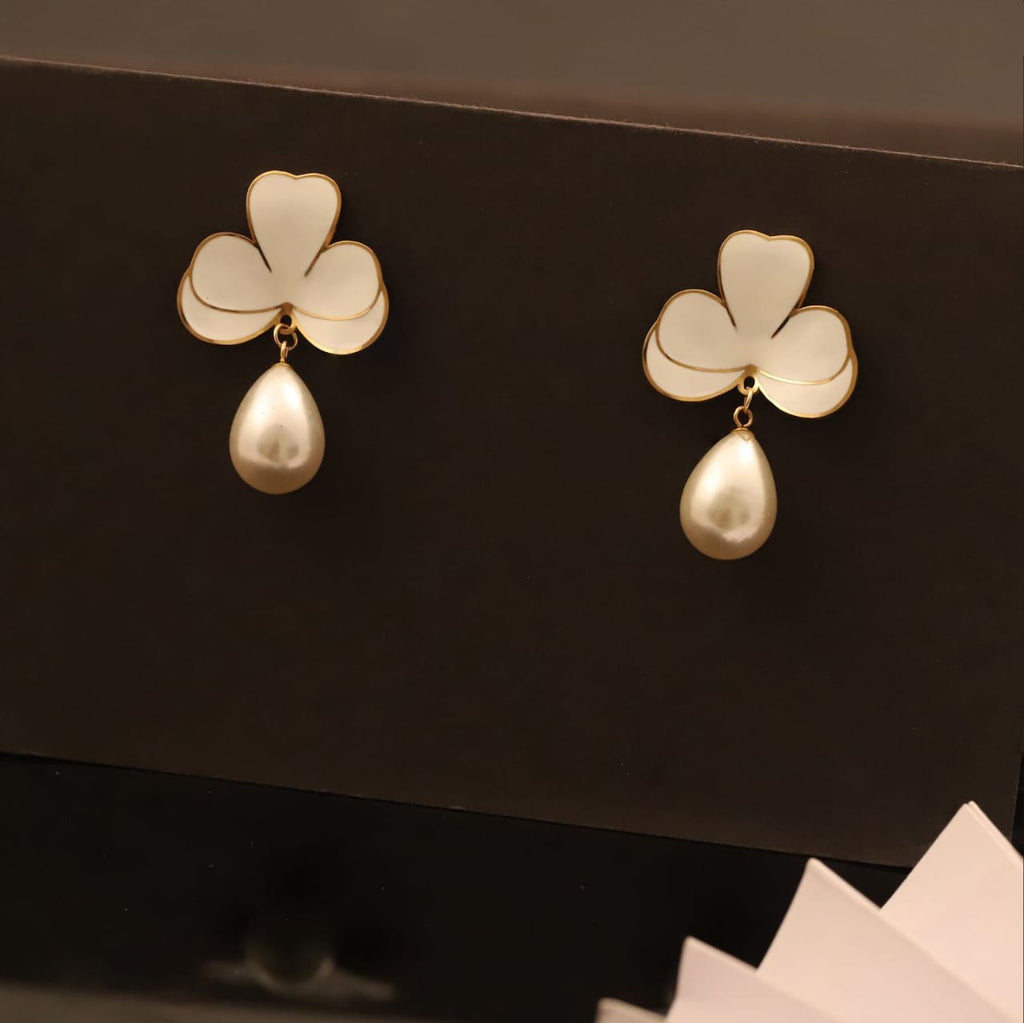 22K Gold Plated Floral Pearl Drop Earrings for Women