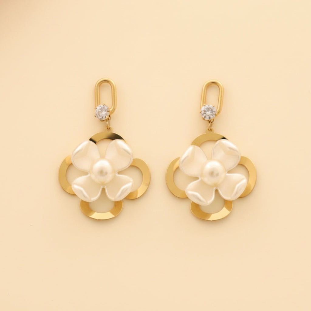 22K Gold Plated Floral Pearl Drop Earrings for Women