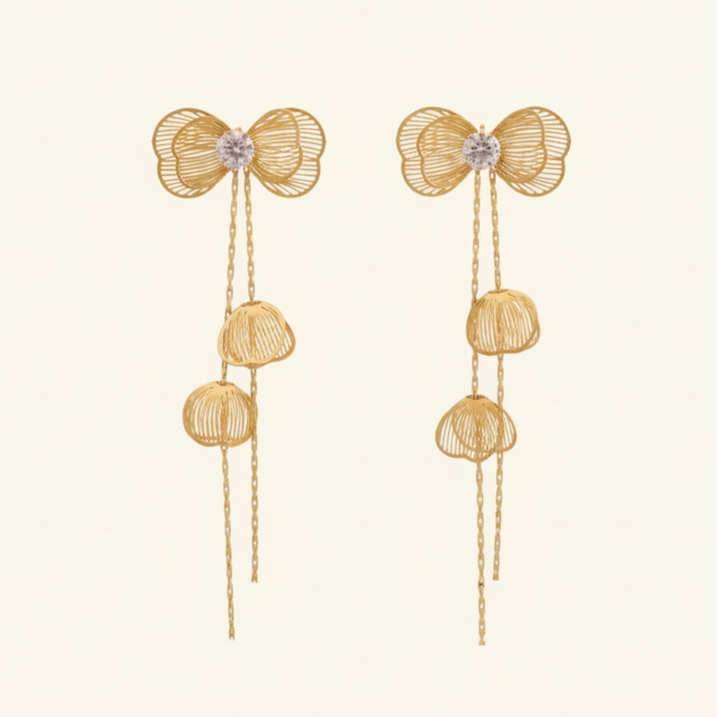 22K Gold Plated Bow Design Long Drop Earrings for Women