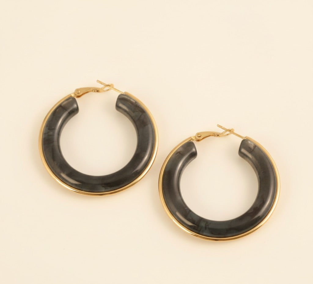 22K Gold Plated Black Resin Hoop Earrings