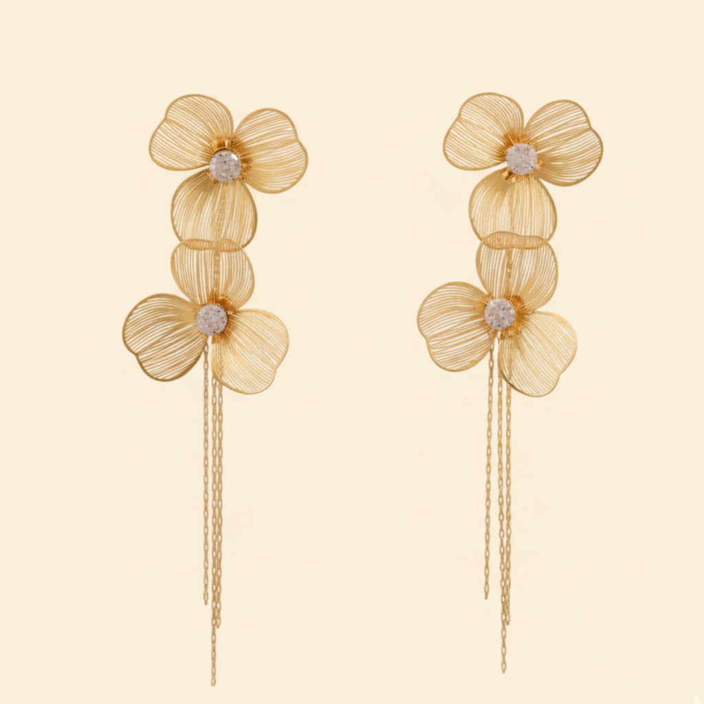 22K Gold Plated Floral Long Drop Earrings for Women
