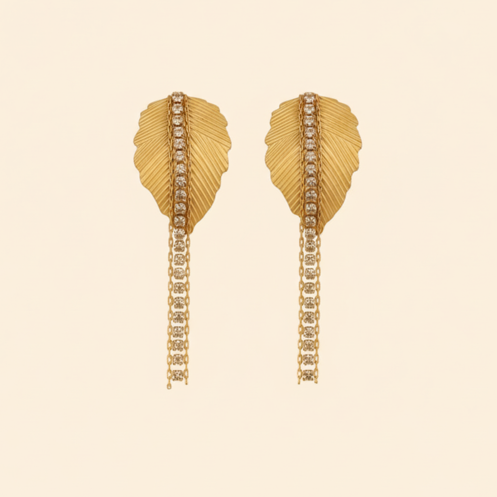 22K Gold Plated Leaf Design Long Drop Earrings for Women