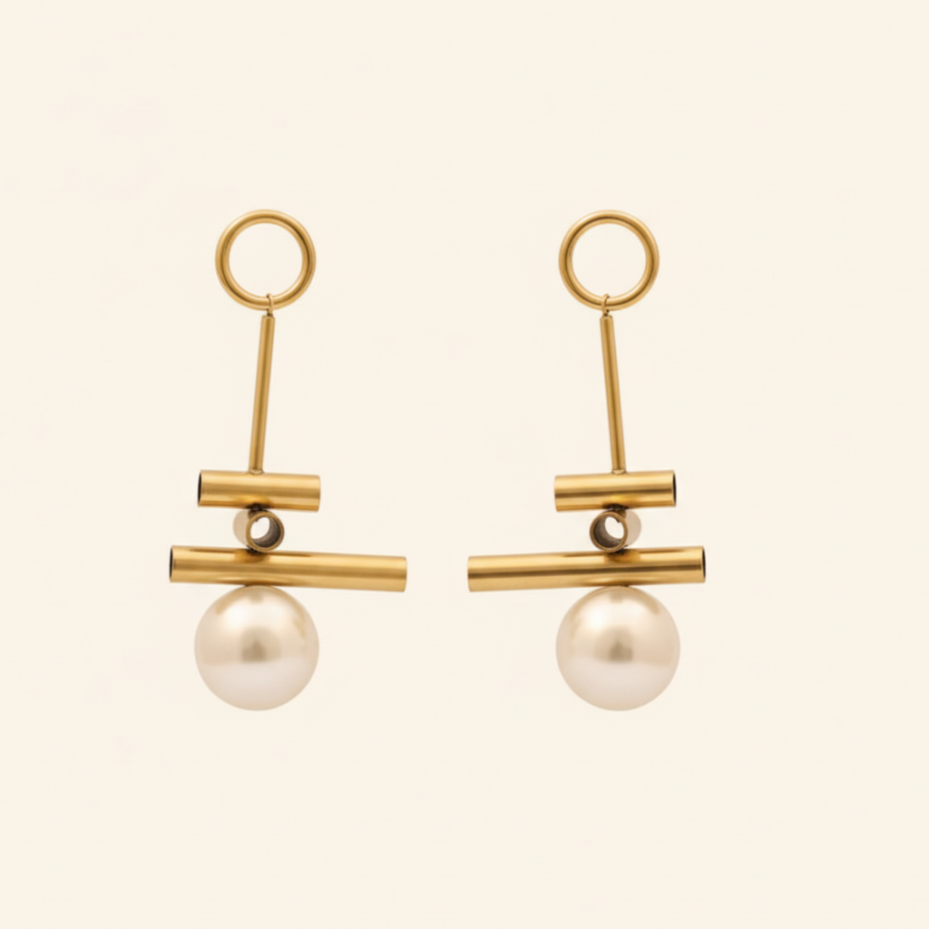 22K Gold Plated Pearl Drop Bar Earrings for Women