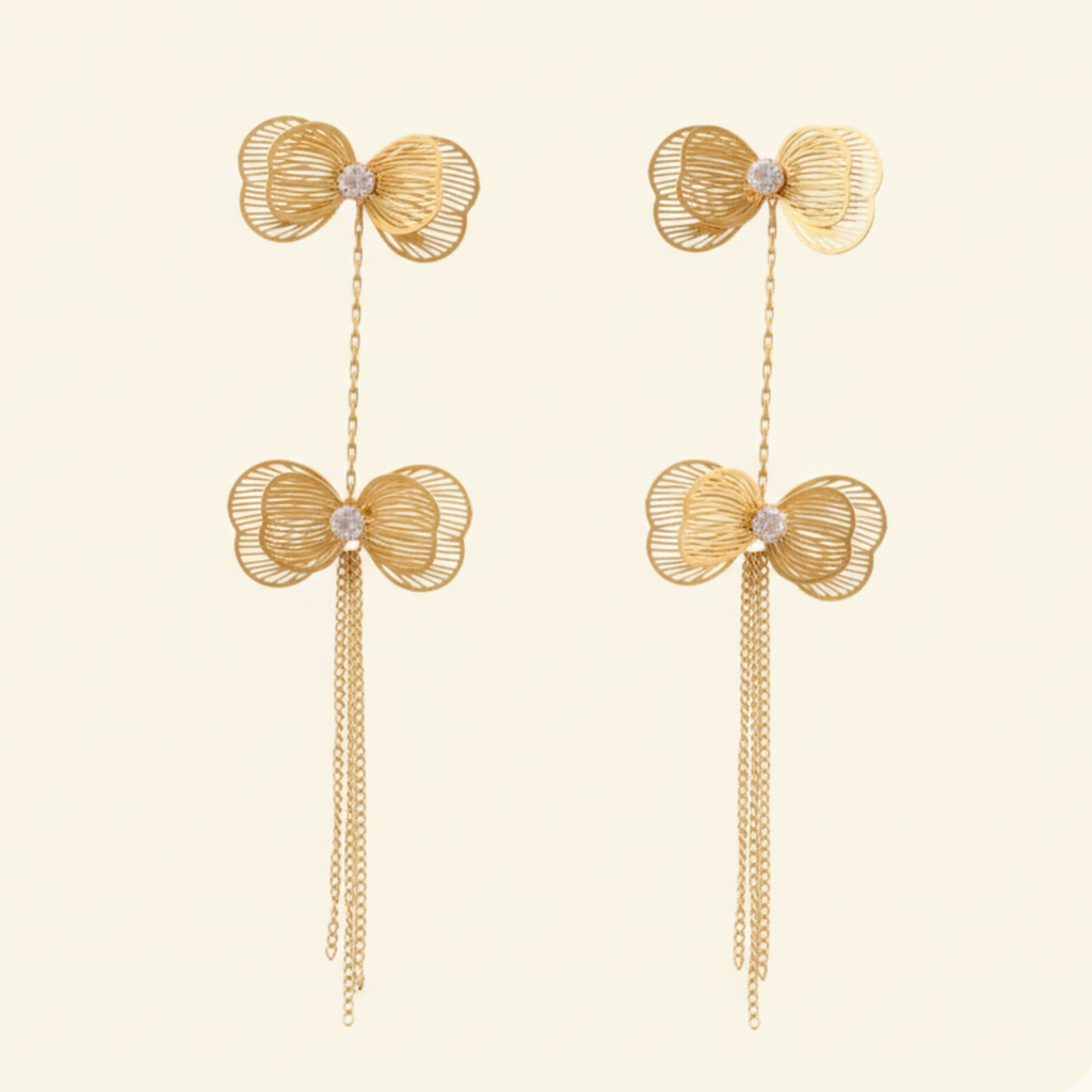 22K Gold Plated Bow Chain Drop Earrings for Women